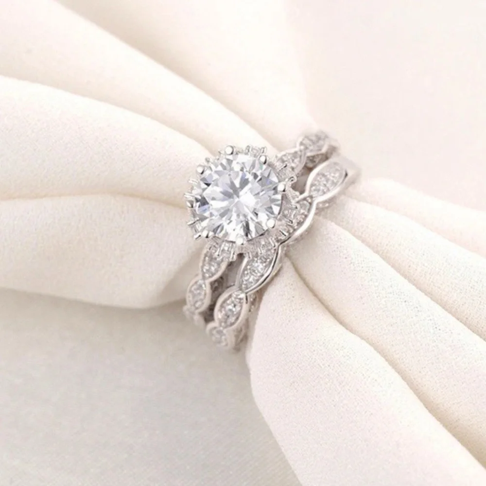Elegant Silver Diamond Ring Set size 9